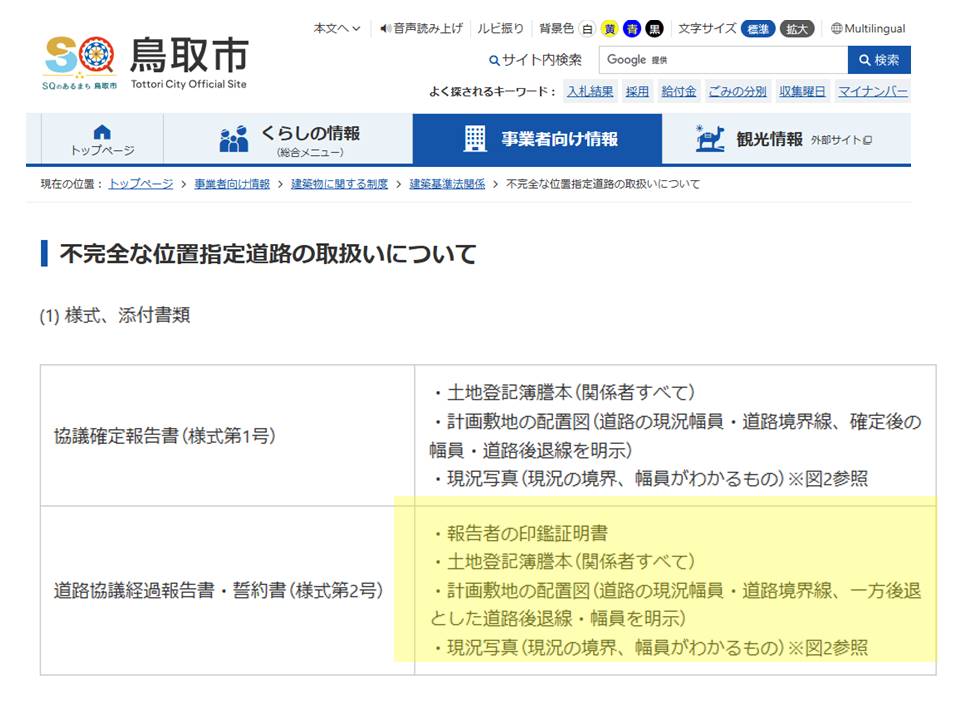 鳥取市役所「不完全な位置指定道路の取扱いについて」(抜粋)
